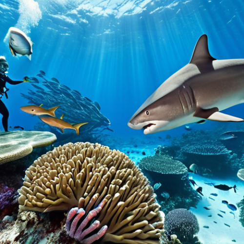 **Underwater scene at Blue Corner, Palau.**  Focus on vibrant coral, diverse fish including reef sharks and barracudas, and strong currents swirling around divers holding onto rocks.  Emphasis on the feeling of adventure and abundance of marine life.