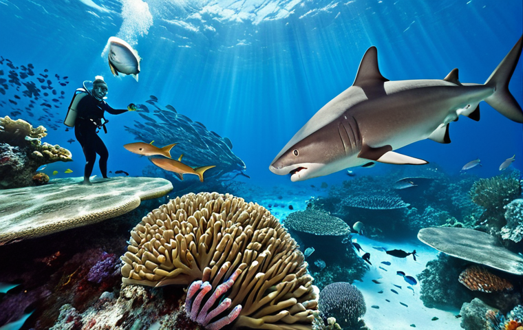 **Underwater scene at Blue Corner, Palau.** Focus on vibrant coral, diverse fish including reef sharks and barracudas, and strong currents swirling around divers holding onto rocks. Emphasis on the feeling of adventure and abundance of marine life.