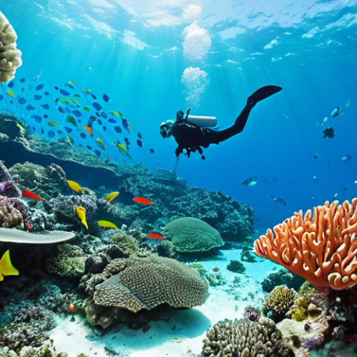 **Prompt:** Tropical coral reef teeming with colorful fish in Palau, scuba diver exploring the vibrant underwater ecosystem, clear turquoise water, sunny day.