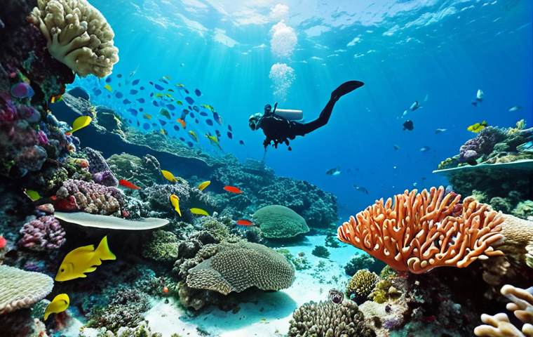 **Prompt:** Tropical coral reef teeming with colorful fish in Palau, scuba diver exploring the vibrant underwater ecosystem, clear turquoise water, sunny day.