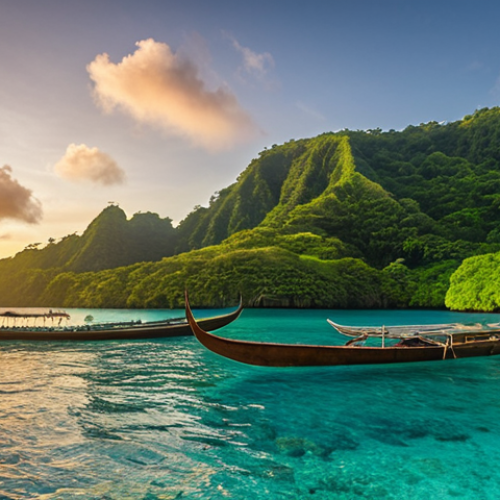 **Image Prompt:** Scenic Palau coastline with traditional outrigger canoes and modern Japanese fishing boats side-by-side at sunset, symbolizing cooperation. In the background, lush green hills meet modern infrastructure built with Japanese aid. Subtle blending of Palauan and Japanese cultural elements in the foreground.