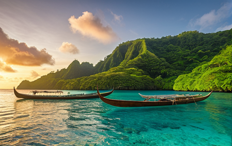 **Image Prompt:** Scenic Palau coastline with traditional outrigger canoes and modern Japanese fishing boats side-by-side at sunset, symbolizing cooperation. In the background, lush green hills meet modern infrastructure built with Japanese aid. Subtle blending of Palauan and Japanese cultural elements in the foreground.