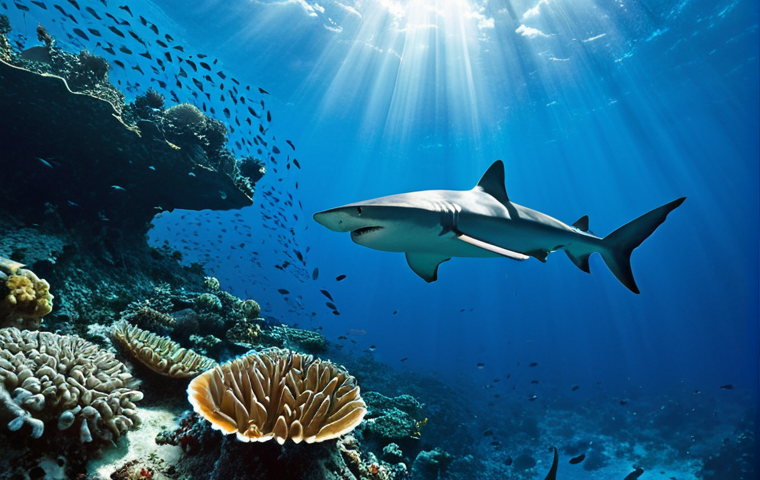 **Prompt 1: The Adrenaline of the Shark Wall**
An exhilarating underwater scene at Blue Corner, Palau. A diver, safely anchored by a reef hook, floats horizontally just above a vibrant, diverse coral reef. Directly in front of the diver, a magnificent "living wall" of sharks dominates the frame: numerous grey reef sharks, blacktip reef sharks, and a couple of impressive hammerhead sharks swim in tight, synchronized formations against a visible strong current. The water is exceptionally clear, with deep blue hues indicating immense depth. Sunlight filters down from above, creating dramatic light rays. The image conveys both the raw power of the ocean and the awe of witnessing untouched predatory nature. Cinematic, highly detailed, sharp focus, dynamic composition.
